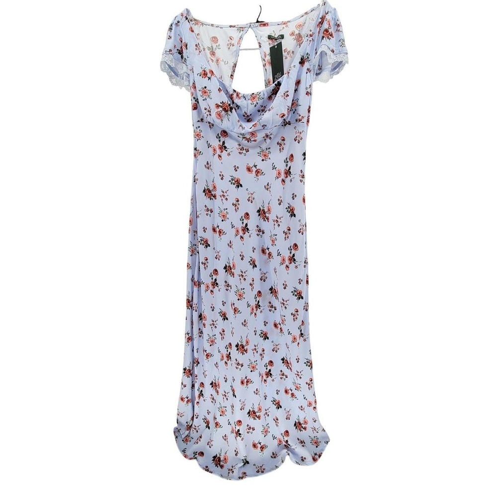 Wild Fable Blue Floral Cowl Neck Maxi Dress Lace Sleeve Cutout Back Small